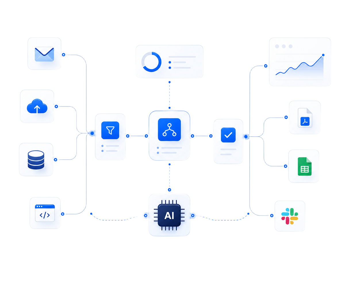 Flujo de automatización con IA conectando correo, documentos y software de gestión